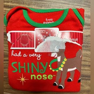 Rudolph the red nose, reindeer, three months, babies first Christmas onesie